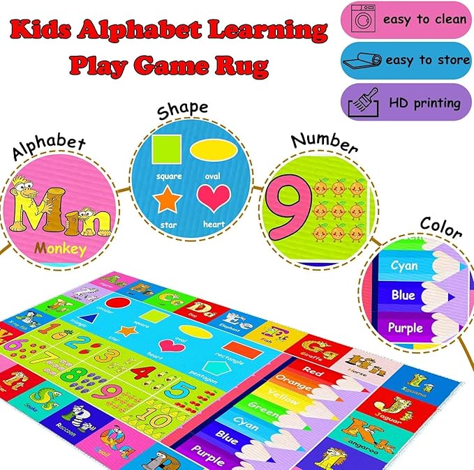 Kids Alphabet Play Game Rug - 7'x10' ABC Numbers and Shapes Educational Learning Toddler Carpet - Kids Room Playroom Classroom Kindergarten Activity Fun Soft Non-Slip Mat