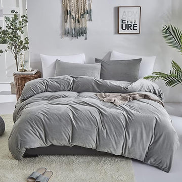 Wellboo Grey Velvet Comforter Sets Queen Size Women Men Solid Gray Fluffy Bedding Comforters Modern Dark Grey Plush Aesthetic Quilts Plain Gray Shaggy Dorm Blankets Minimalist Flannel Thick Sherpa Bed