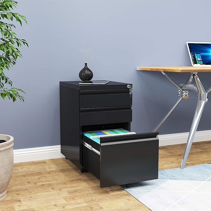 YITAHOME 3-Drawer Mobile File Cabinet with Lock, Office Storage Filing Cabinet for Legal/Letter Size, Pre-Assembled Metal File Cabinet Except Wheels Under Desk -Black