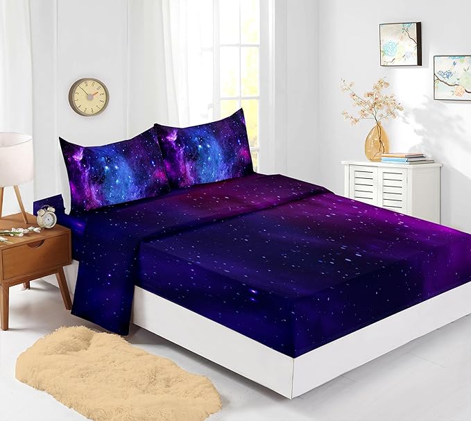 Full Size Comforter Sets for Girls 7PCS,Galaxy Bedding Sets,Bed Sets for Girls with Flat Sheet and Fitted Sheet,Pillowcases,Cushions,Purple Comforter Sets