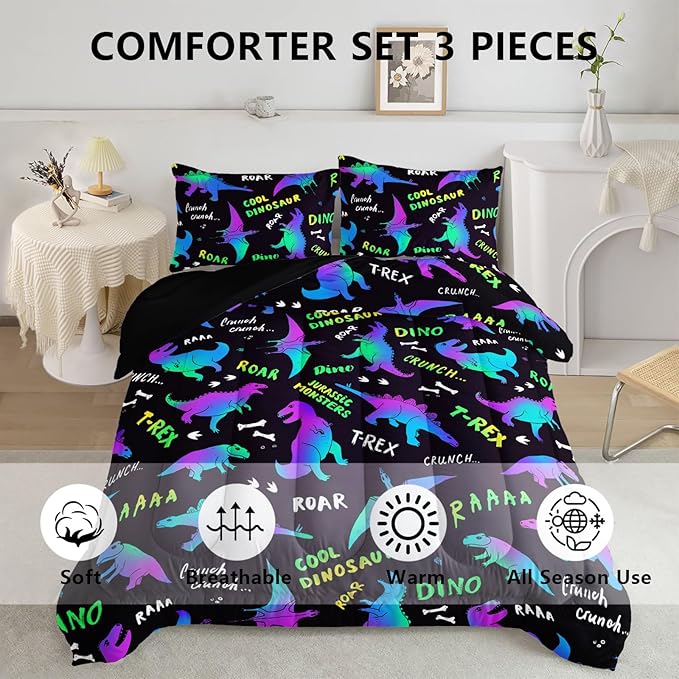 Axolotl Cartoon Dinosaur Bedding Set,Full Size Kids Bed Set,Gradient Dinosaur Comforter Set,1 Quilt with 2 Pillowcases for Boys Girls Kids Teens Children Adults Room Decor All Season,Black