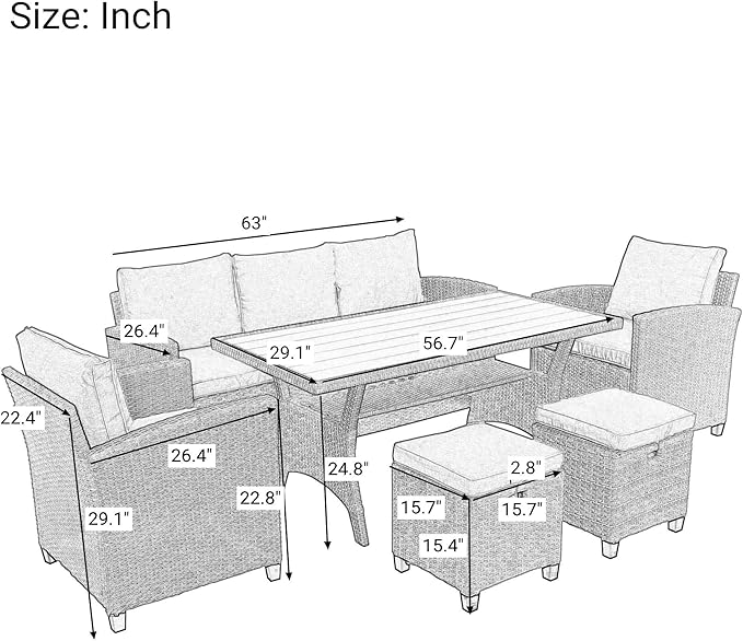 7 Pieces Patio Furniture Outdoor Sectional Sofa Conversation Set All Weather Wicker Rattan Couch Dining Table & Chair with Ottoman, OneSize, Cb-Grey