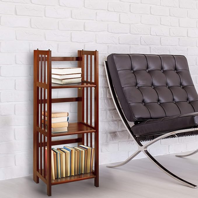Casual Home 3-Shelf Folding Stackable Bookcase (27.5" Wide)-Walnut & 3-Shelf Folding Bookcase (14" Wide)-Walnut
