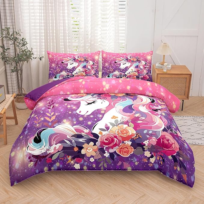 Tailor Shop Unicorn Kids Bedding Set for Girls Pink Purple Flower Unicorn Comforter Set King Galaxy Bedding Sets All Season with 2 Pillowcase……