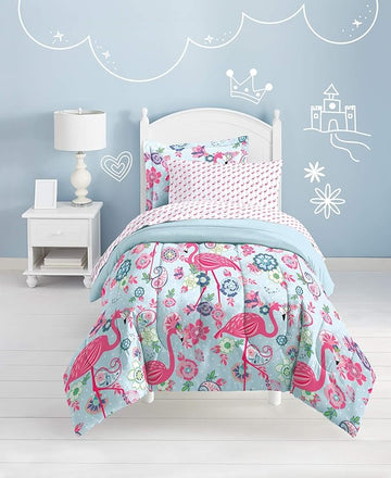 dream FACTORY Kids 5-Piece Complete Set Easy-Wash Super Soft Microfiber Comforter Bedding, Twin, Pink Flamingo