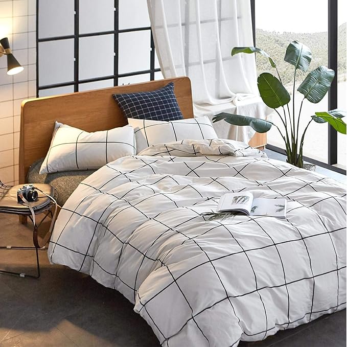 White Grid Comforter White Plaid Bedding Set Twin White with Black Line Stripes Boys Checkered Comforters Bedding Set Girls White Grid Comforter Set Twin
