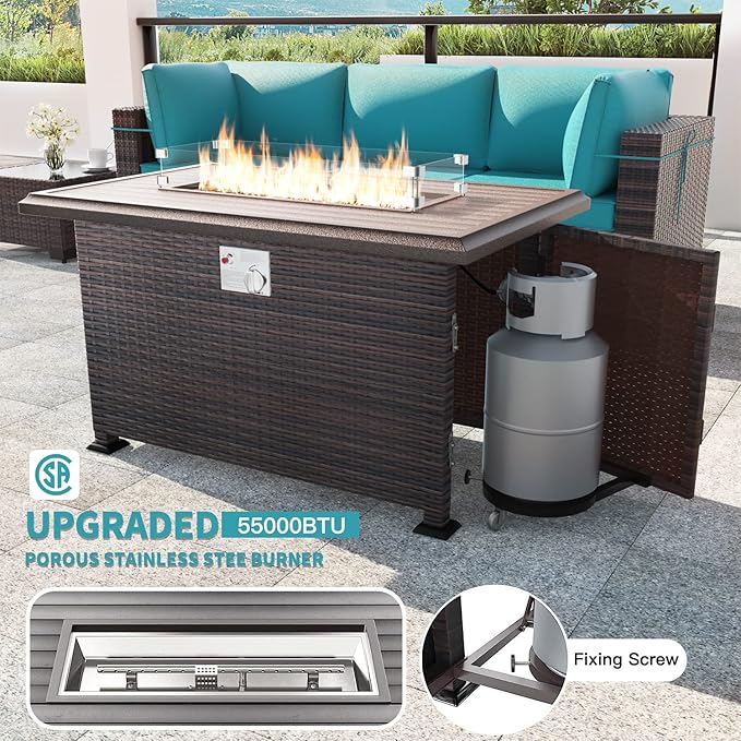 Kullavik 10 Pieces Outdoor Patio Furniture Set with 43" Gas Propane Fire Pit Table PE Wicker Rattan Sectional Sofa Patio Conversation Sets,Blue