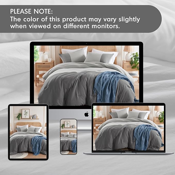 Grey Comforter King Size - Modern Farmhouse Soft Comforter Sets for Men, Masculine Colorblock Pattern Bed Sets for All Season, 3 Pieces includes 1 Comforter, 2 Shams (104"x 90")