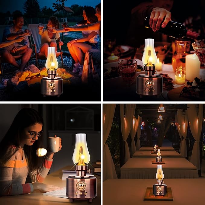 Vintage Table Lamp Retro Bluetooth Speaker Rechargeable Portable Night Light Flameless LED Oil Lamp Bedside Desk Lamp for Bedroom, Cafe, Bar, Desk Decor, Outdoor Camping Birthday Gifts