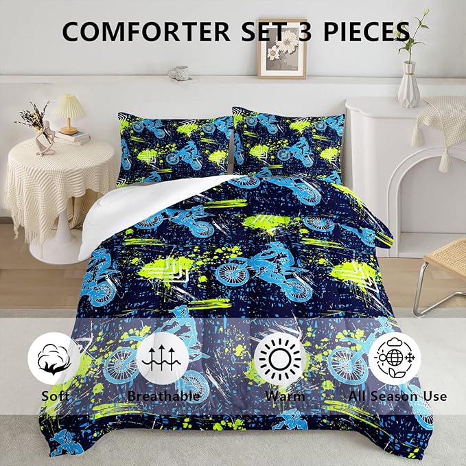Axolotl Boys Dirt Bike Bedding Set Full,Dirt Bike Comforter Set,Extreme Sports Tie Dye Bedding Set Motor Biker,Motocross Rider Comforter Set for Boys Kids Teens Men,1 Quilt 2 Pillowcases,Blue Green