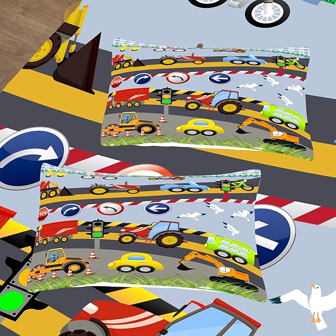 Tailor Shop Construction Vehicle Truck Comforter Set King Size，Cartoon Excavator Bedding Sets Comforter Cover for Boys Childs Kids Teens ，Tractor Mixer Room Decor with 1 Comforter 2 Pillowcases