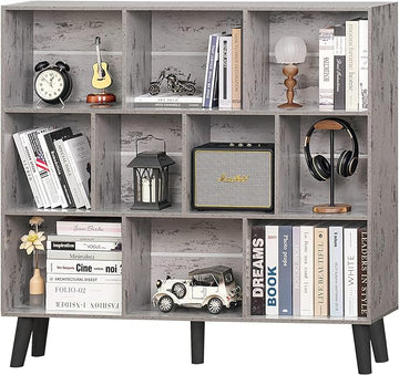 LEYAOYAO 10 Cube Bookshelf,3 Tier Modern Wide Bookcase with Legs,Mid-Century Wood Bookshelves Storage，Retro Grey Large Book Case,Freestanding Organizer Display Shelf for Bedroom,Living Room,Office