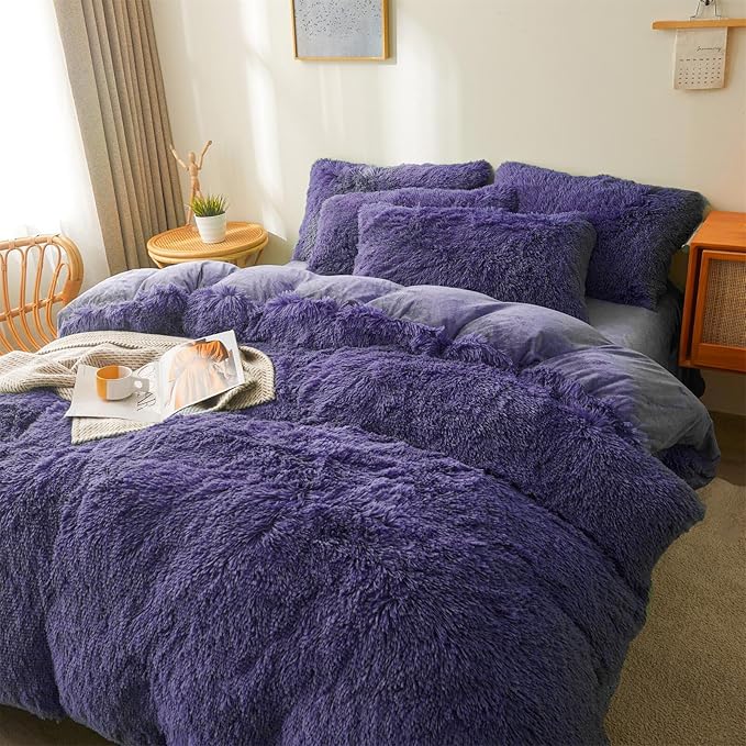 Fluffy navy blue comforters Cover twin size - Ultra Soft Plush dark blue bedding Sets 2 Pieces (1 faux fur comforter Cover + 1 fuzzy pillow case) girls shaggy navy blue twin bed set (Dark Blue, Twin)