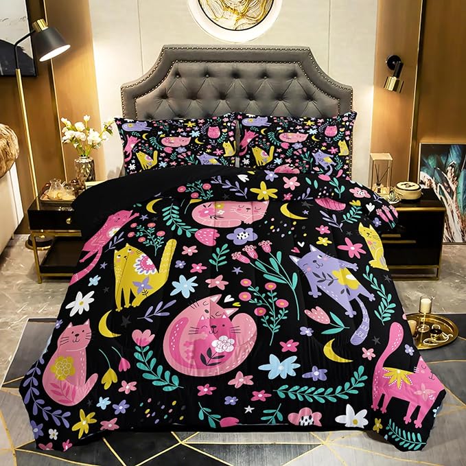 Floral Cat Comforter Queen Size,Black Cats Comforter Set for Kids Teens Girls,3Pcs Bedding Set Printed Comforter with 2 Pillowcases,Down Alternative,Soft and Lightweight(Black，Queen Size)