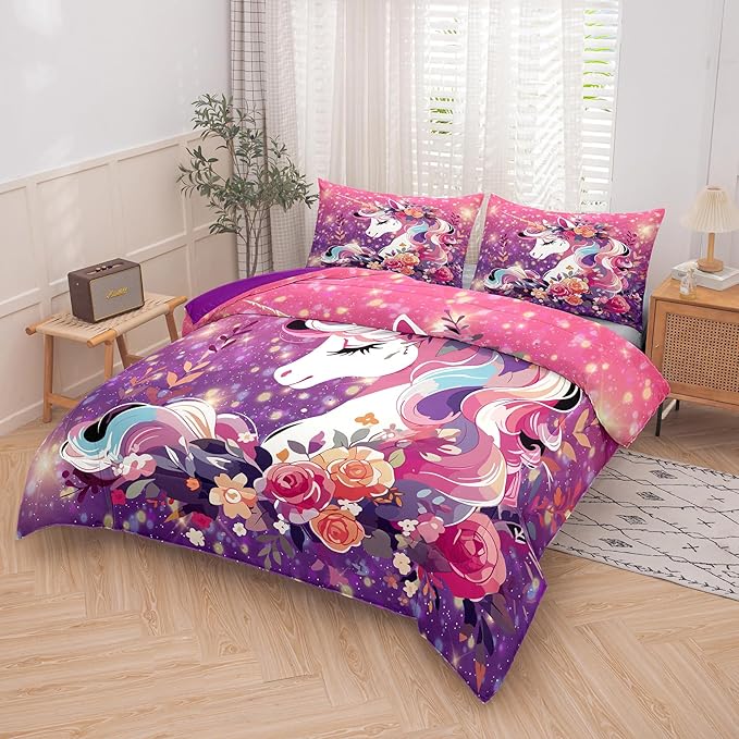 Tailor Shop Girls Twin Bedding Set Pink Purple Unicorn Girls Comforter Set Kids Bedding Sets for Girls All Season with 1 Pillowcase………