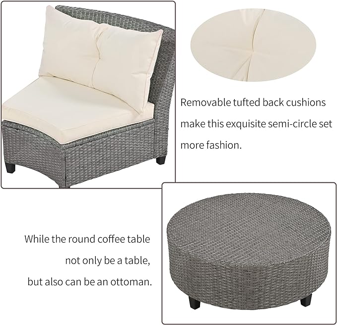 Merax Patio Furniture Sets for 6, Fan-Shaped All Weather Outdoor HDPE Rattan Sofa with Cushions and Table, Suitable for Garden, 9-Piece, Beige