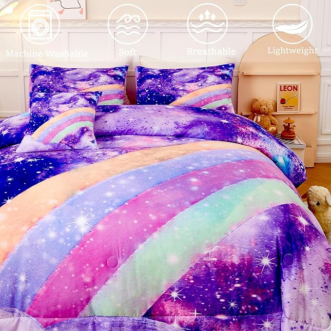 Rainbow Full Size Bedding Sets for Girls, Glitter Tie Dye Purple Kids Comforter Sets, 6Pcs Soft Sparkle Galaxy Bed in A Bag with Sheets for Teens