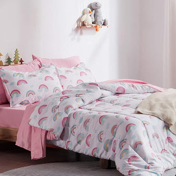 SLEEP ZONE Kids Twin Bedding Comforter Set - Super Cute & Soft Kids Bedding 5 Pieces Set with Comforter, Sheet, Pillowcase & Sham (Pink Rainbow)