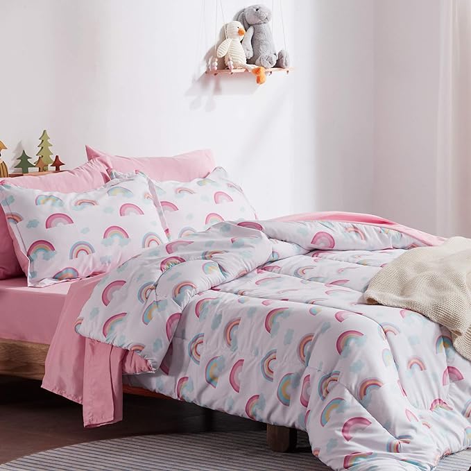 SLEEP ZONE Kids Twin Bedding Comforter Set - Super Cute & Soft Kids Bedding 5 Pieces Set with Comforter, Sheet, Pillowcase & Sham (Pink Rainbow)