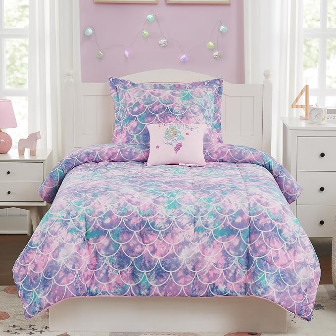 KALEIDOSPACE Pink Comforter Set Full for Kids, Glow in The Dark Mermaid Bedding Sets with Decor Pillow, 4 Pieces Girls Bed Set