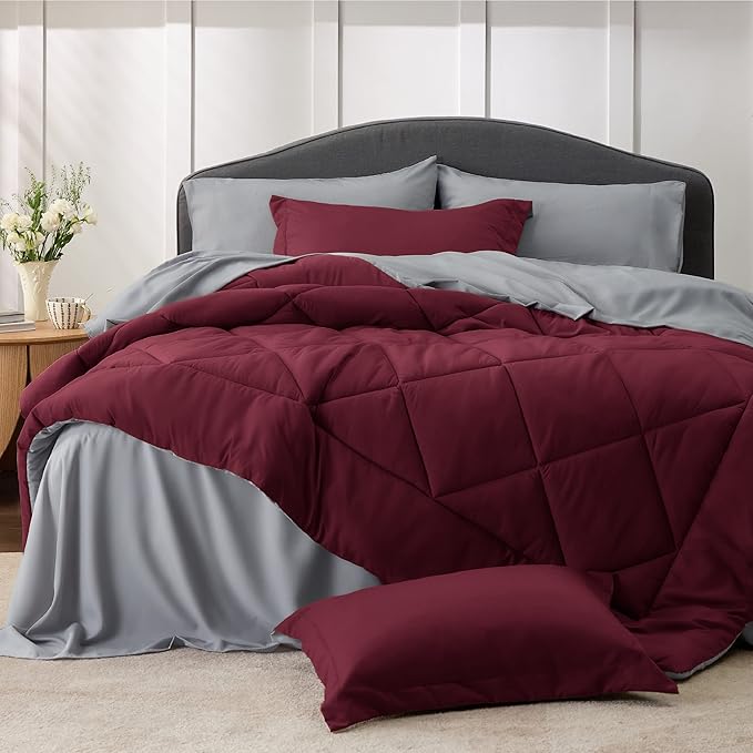 Bedsure Burgundy 7 Piece Reversible Comforter Set - Bed in a Bag with Comforters, Sheets, Pillowcases & Shams