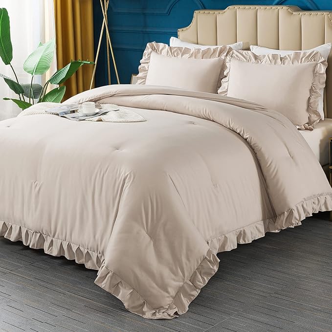 Andency Khaki Queen Comforter Set, 3 Pieces Farmhouse Shabby Chic Bedding Set for Queen Bed, All Season Soft Lightweight Microfiber Bed Set for Men Women