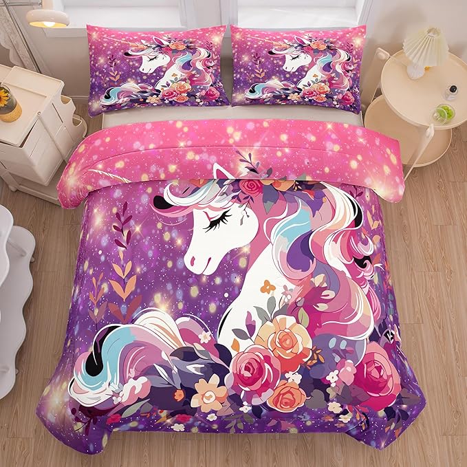 Tailor Shop Kids Bedding Set for Girls Unicorn Comforter Set Full Girls Bedding Sets All Season with 2 Pillowcase……
