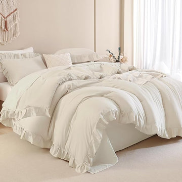 Andency Beige Comforter Set Full Size, 3 Pieces Solid Ruffle Vintage Rustic Soft Bedding Comforter Sets, All Season Lightweight Fluffy Soft Microfiber Bedding Set (79x90 Comforter & 2 Pillowcases)