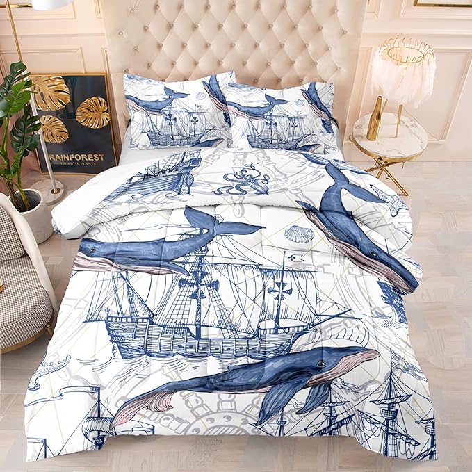 CVHOUSE Whale Comforter Set Full Size,Ocean Theme Bedding Set for Kids,Whale Nautical Sailing Quilt Set Ocean Duvet Set Ocean Decor 3 Pieces