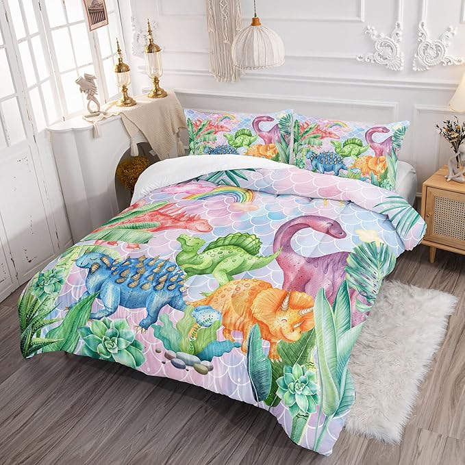 Datura home Kids Dinosaur Comforter Set for Girls Women,Cute Mermaid Scales and Rainbow Cloud Printed Pattern Kawaii Dinosaur Bedding Set with 2 Pillowcases(Dinosaur Rainbow Full)