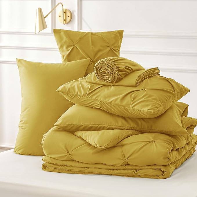 Bedsure California King Comforter Set Mustard Yellow - Cal King Bed Set 7 Pieces, Pinch Pleat Cali King Bedding Set with Comforter, Sheets, Pillowcases & Shams