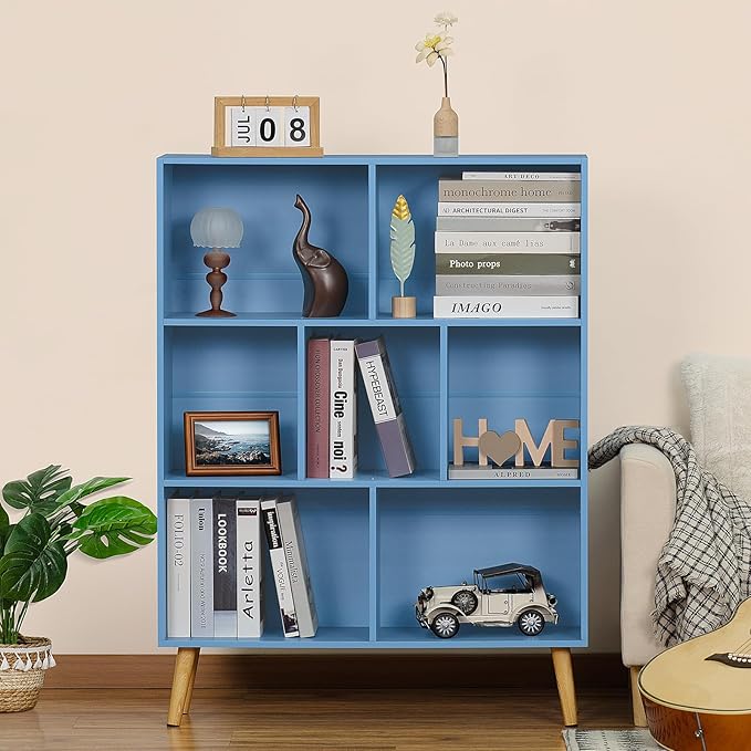YAHARBO 7 Cube Bookshelf, Blue Kids Book Shelf with Cubby Storage,Wooden Modern Bookcase with Legs,3 Tier Freestanding Display Book Case,Children Toy Organizer,Bookshelves for Office,Nursery,Playroom
