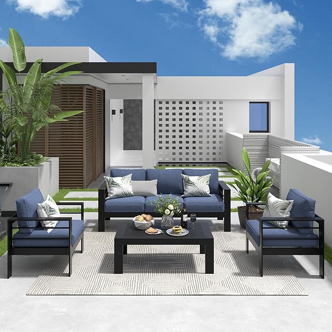 Solaste Aluminum Patio Furniture Set, 4 Pcs Modern Outdoor Conversation Set Sectional Sofa with Upgrade Cushion and Coffee Table,Black Frame and Blue Cushion