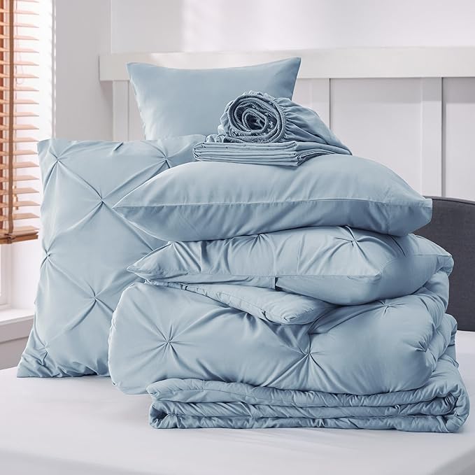 Bedsure California King Comforter Set - Cal King Bed Set 7 Pieces, Pinch Pleat Light Blue Cali King Bedding Set with Comforter, Sheets, Pillowcases & Shams