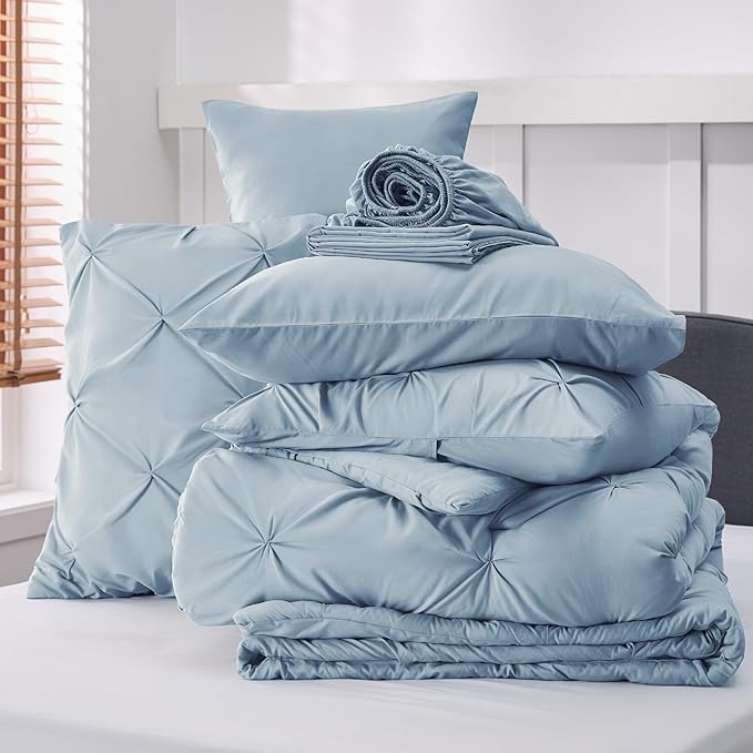 Bedsure King Size Comforter Set - Bedding Set King 7 Pieces, Pintuck Bed in a Bag Light Blue Bed Set with Comforter, Sheets, Pillowcases & Shams