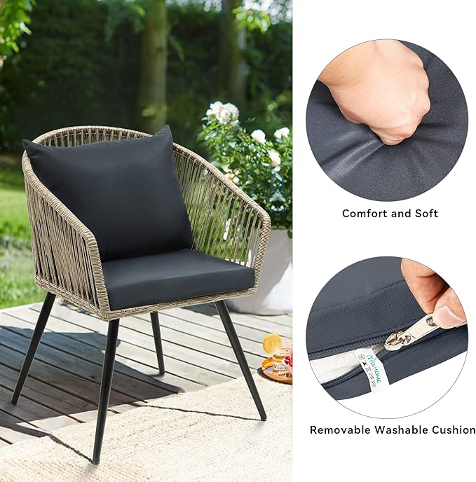 YITAHOME 3-Piece Outdoor Patio Furniture Wicker Bistro Set, All-Weather Rattan Conversation Chairs for Backyard, Balcony and Deck with Soft Cushions, Glass Side Table, Gray Rattan