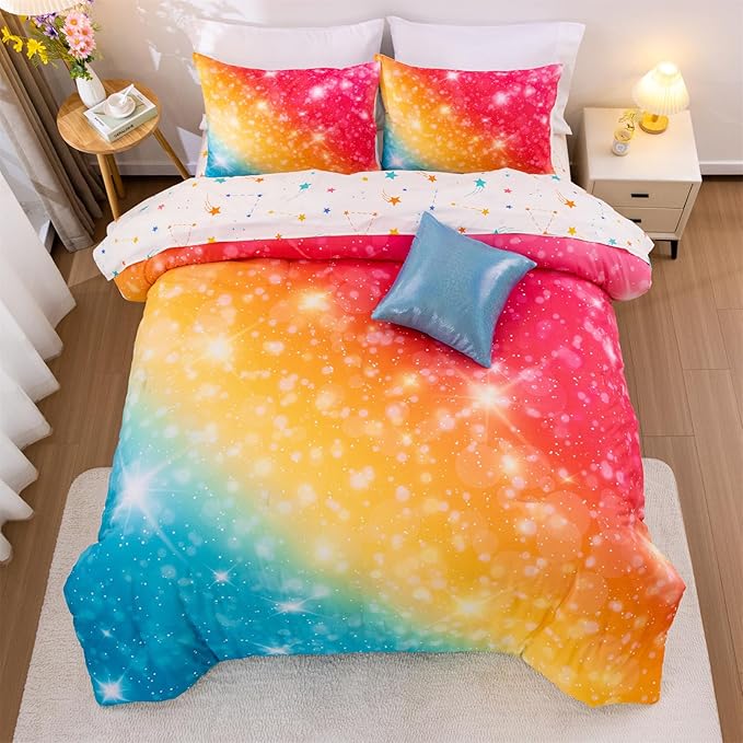 A Nice Night Gradient Glitter 6Pcs Bed in A Bag Bedding Set for Girls Full Size, Colorful Rainbow Galaxy Comforter Set, Ultra Soft Bedding Sets, YellowBlue