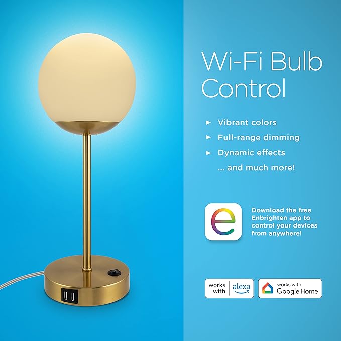 Enbrighten Bedside Decor Lamp Tabletop Wi-FI Dimmable Color Changing Music-Sync 2-Port USB-charging Station 2.4A Dorm Bedroom Home Office Living Room Compatible with Alexa 62433 Brass