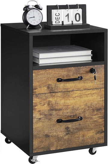 Yaheetech File Cabinet, Under Desk Vertical Cabinet With 2 Drawers and Open Compartment, Printer Stand with Lockable Wheels for A4 Letter Size Hangable File Folders for Home Office(Black/Rustic Brown)