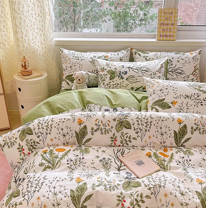 Botanical Comforter Set King White and Sage Green Floral Plant Bedding Set Garden Pattern Printed on White Women Reversible Blanket 3 PCs Girls Breathable White Floral Bed Comforter Set