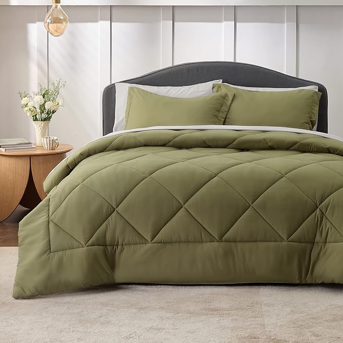 Bedsure Olive Green King Size Comforter Set - 7 Pieces Reversible King Bed in a Bag King Bed Set with Comforters, Sheets, Pillowcases & Shams, King Bedding Sets