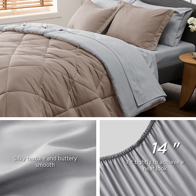 Bedsure Taupe California King Size Comforter Set - 7 Pieces Reversible California King Bed in a Bag King Bed Set with Comforters, Sheets, Pillowcases & Shams, California King Bedding Sets