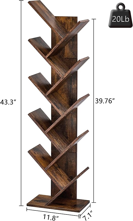 Hoctieon 10 Tier Tree Bookshelf, 10 Shelf Bookcase, Free Standing Tree Bookcase, Display Floor Standing Shelf for Books, Book Shelf Organizer, Rustic Brown