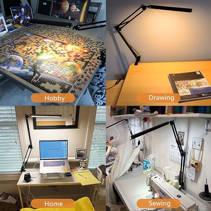LED Architect Desk Lamp, Metal Swing Arm Dimmable Task Lamp, Eye Care Table Lamp with Clamp (3 Color Modes, 10-Level Dimmer, Memory Function) Highly Adjustable Office, Craft, Workbench Light