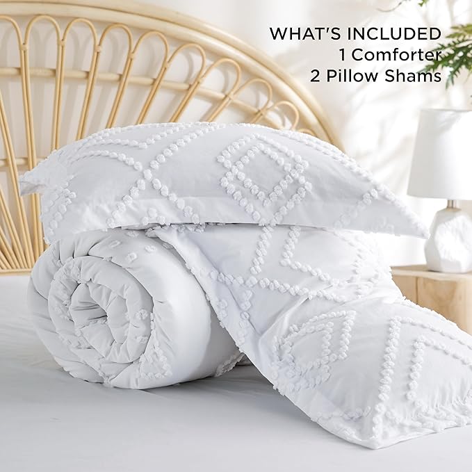Bedsure Boho Comforter Set King - Linen Tufted Bedding Comforter Set, 3 Pieces Farmhouse Shabby Chic Embroidery Bedding Set, Soft Geometric Pattern Comforter for All Seasons