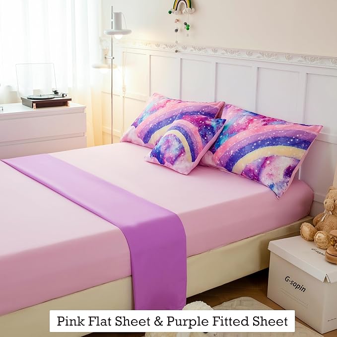 6 Pcs Tie Dye Pink Twin Comforter Set for Girls, 3D Rainbow Galaxy Gradient Themed Bed in A Bag, Pastle Nebula Kids Bedding Set with Sheets, Comforter and Pillowcases for All Season