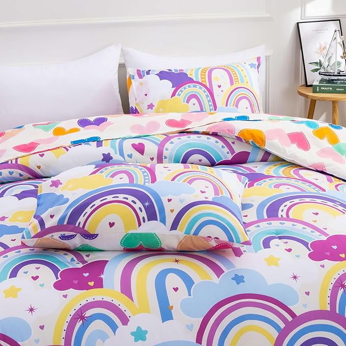Btargot Lightweight Soft 3 Piece Rainbow Comforter Set with 2 Pillow Covers, Cartoon Love Hearts Flowers and Sun Star Bedding Set for Girls Boys Kids,Full Light Purple