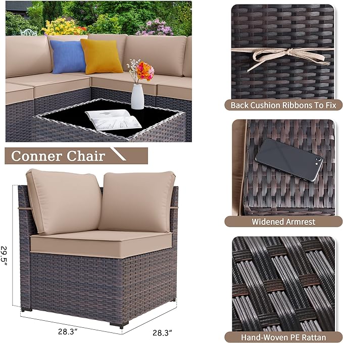 Patio Furniture Set Sofa 6-Piece Wicker Sectional Sofa Set, Outdoor Furniture Rattan Patio Sofa Conversation Set with Thickened Cushions and Glass Coffee Table, Sand