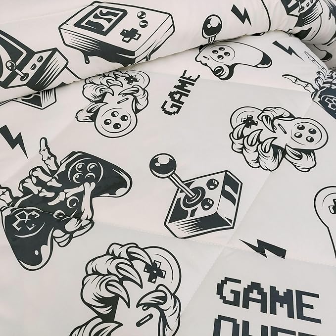 3PCS White Gamer Comforter Set Full for Boys Girls Teens and Kids, Soft Microfiber Cute Comforter Full Size, Bed in a Bag Full Cozy House Collection, Hotel Luxury and Lightweight, Full
