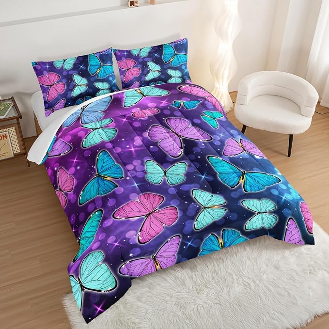 HOSIMA Butterfly Comforter Set with 2 Pillowcases,Glitter Purple Blue Butterfly Printed Bedding Set Full Size Bed in a Bag Set,Starry Sky Galaxy Comforter Butterfly Room Decor Aesthetics.